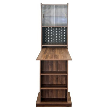 Fold Out Desk Folding Writing Table with Bookcase, Desk Cabinet Convertible Table with Open Shelves for Office Study Room or Small Space, Brown - color: Brwon