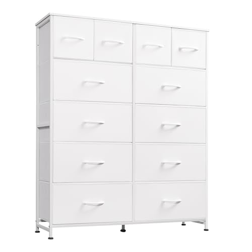 WLIVE 12 Drawer Tall White Fabric Dresser Bedroom Storage Chest | White tall 12-drawer fabric dresser with wood top, perfect baby dresser for nursery kids room toddler closet storage - color: White