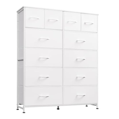 WLIVE 12 Drawer Tall White Fabric Dresser Bedroom Storage Chest | White tall 12-drawer fabric dresser with wood top, perfect baby dresser for nursery kids room toddler closet storage - color: White
