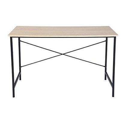 Modern Computer Desk with Light Wood Top, 47.2" x 23.6" Writing Table, Black Metal Frame with Cross Brace, Minimalist Home Office Desk for Study or Workstation or Entryway