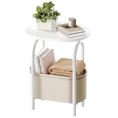 Small Round Side Table with Fabric Basket Storage, Oval End Table for Small Spaces, Modern Coffee Bedside Table, Couch Side Table for Living Room, 15.7" X 11.8" X 24", White and Beige 8601BZWT - color: White and Beige