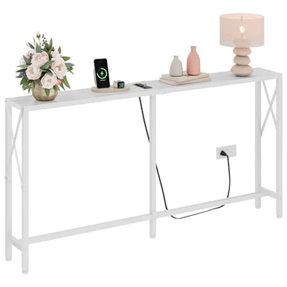 Gewudraw Narrow Console Table with Socket, Sofa Table Behind Couch, White | 55.1" Couch Table, Industrial Style, Long Skinny Design,For Hallway,Living Room,Bedroom, Built-In Outlets & USB,140cm Length - color: White, size: 55.1 in