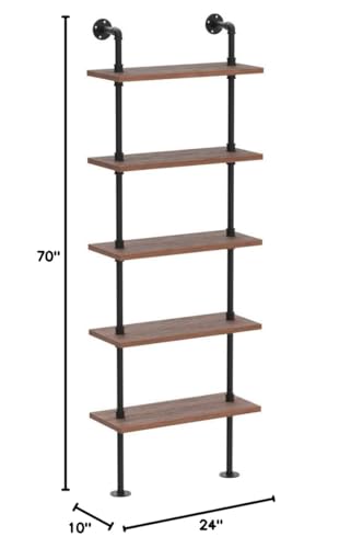 Industrial Pipe Bookshelf, Wall Mounted Shelf, 24 Inch, Weathered Brown | 5 Tier Open Bookcase, Solid pine wood, black iron pipe frame, 30 lbs per shelf, for books, kitchen, office decor - color: Weathered Brown, size: 24 Inch