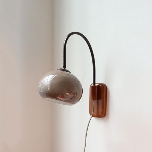 Modern Decoration Wall Sconce Mid Century with White Milk Glass Vintage Industrial Wood Wall Light Hardwired Smoke Grey Amber Farmhouse Reading Wall Lamp for Bedroom Living Room Bedside - color: Gray-plug Switch