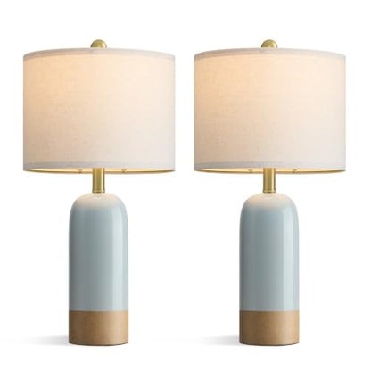 PoKat 24'' Farmhouse Blue Table Lamps Set of 2 for Living Room, Two-Tones | Ceramic Bedside Lamps for Bedroom, Hand-Textured Design, Kiln Variation Glaze, Coastal Lamps for Nightstand, Hallway,Entryway - color: Blue Reactive Glaze