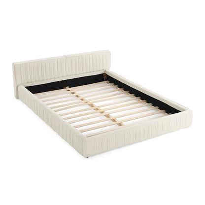 Queen Size Upholstered Bed Frame, Modern Grounded Bed with Solid Wood Slats, Pleated Headboard, Sturdy Construction, No Box Spring Needed, Grey (Beige, Queen) - color: Beige