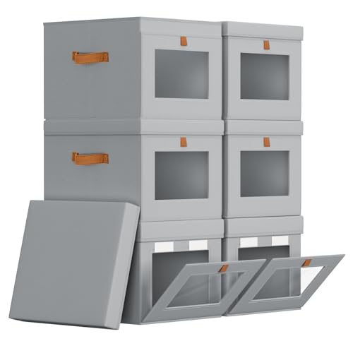 Storage Bins with Lid – Closet Organizer with Side Opening and Clear Window, Foldable Stackable Fabric Basket for Clothes, Home, Office - 13.77" x 11.8" x 9.8", 6 Pack, Grey - color: Grey, size: 13.7 Inch-6 Pack