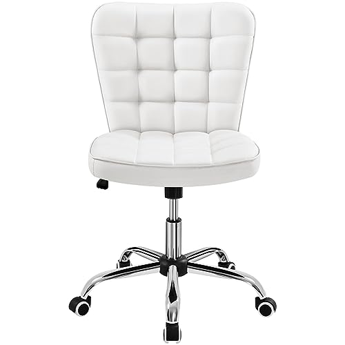 Yaheetech White Tufted Armless Office Desk Chair with Wheels, Faux Leather | Thick foam cushioned seat tilts back to relax, lifts 18-22 in, spins 360 degrees, holds 300 lb, and assembles with ease. - color: White