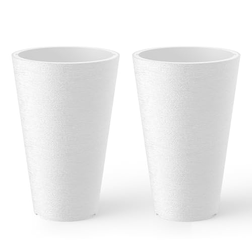 Kante Set of 2 White Plastic Round Planters 13" Tall Home & Outdoor | Tapered, Nursery Pot & Outer Cachepot, Indoor Use, Modern Garden Decor, Weather-Resistant, Drainage, Lightweight, Durable - color: White, size: 13" H