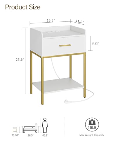 Masupu Nightstand with Charging Station,3-Tier Modern Bedside Night Stand with Storage Drawer and Shelf,Small End Side Table for Bedroom,Living Room,White - color: White
