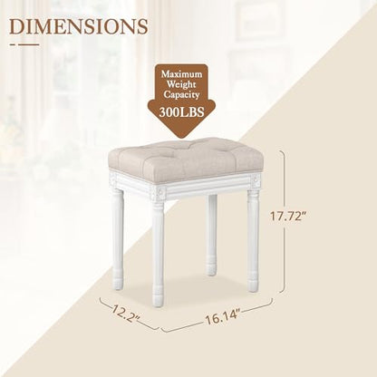 LUE BONA Upholstered Fabric Vanity Bench Seat, Makeup Stools for Vanity, Square Tufted Ottoman Bench with Carved White Legs for Bedroom Living Room, Linen Color - color: Linen and White