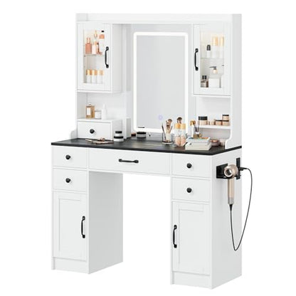 Vanity Desk with Mirror and LED Lights & Power Outlet | Large Makeup Vanity Table with 5 Drawers and 4 Storage Cabinets, White Dressing Table for Bedroom - size: 044 Pure White