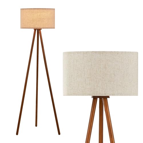 Wood Tripod Floor Lamp for Bedroom, Farmhouse Wooden Floor lamp with 3 Color Temparature LED Bulb for Living Room, Office, Footswitch,ETL Listed/Brown Wood Color - color: FSC Brown Wood and Linen Shade