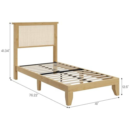 GarveeHome Rattan Twin Bed Frame, Boho Twin Size Bed Frame with Natural Rattan Headboard, Led Lights, Wooden Support Legs and Slats, Noise-Free, No Box Spring Needed - size: Twin