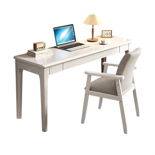 Solid Wood Narrow home office Desk with Drawers and chair for Small Spaces | Computer Table Rubberwood Frame, Ultra Slim Depth, Built-in Cable Hole, work desk for Bedroom & Entryway Apartment - color: White, size: 24*16IN