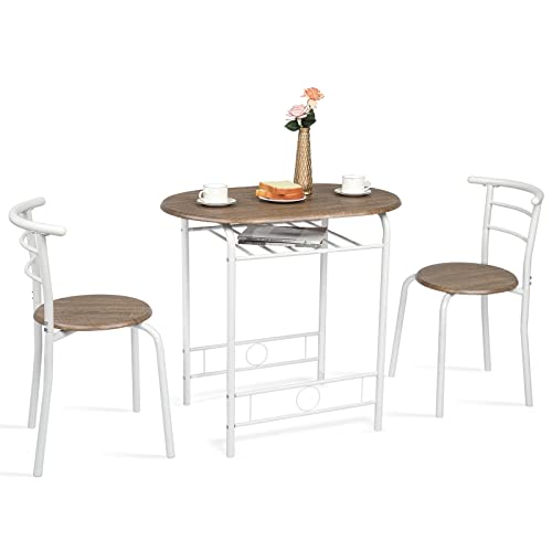 VINGLI 3 Piece Dining Set,Small Kitchen Table Set for 2,Breakfast Table Set,Kitchen Wooden Table and 2 Chairs for Small Space/Dining Room/Apartment,Metal Frame,Wine Rack,White&Warm Oak - color: Warm Oak