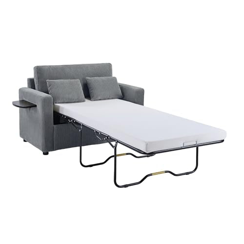 Twin Sofa Bed 47.2" Sleeper Loveseat with Foldable Mattress, Gray | Space-saving guest room furniture, pull-out sleeping solution, compact footprint, convenient charging, lounge-to-bed design - color: Grey
