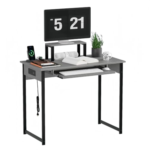 ALISENED Computer Desk with Keyboard Tray and Monitor Stand, 37.5 Inch Small Desk with Power Outlets & USB Ports for Bedroom Home Office, Compact Gaming Desk Shelf, Grey (Grey, 37.5") - color: Grey, size: 37.5"
