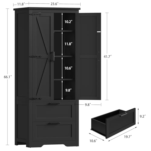66.1" H Storage Cabinet, Farmhouse Kitchen Pantry Cabinet with 2 Drawers & Adjustable Shelf, Bathroom Cabinet, for Living Room, Kitchen, Bathroom, Black - color: Black
