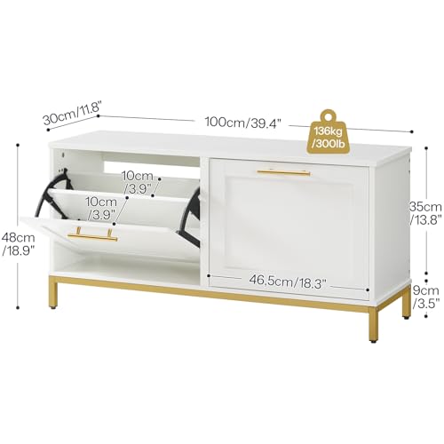 HOOBRO Shoe Bench with Storage, Shoe Storage Bench with 2 Flip Drawers, 39.4" Shoe Cabinet with Bench, Hidden Shoe Rack Organizer for Entryway, Foyer, Hallway, White and Gold DW48HX01