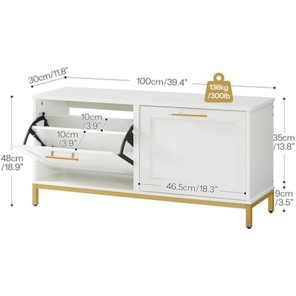 HOOBRO Shoe Bench with Storage, Shoe Storage Bench with 2 Flip Drawers, 39.4" Shoe Cabinet with Bench, Hidden Shoe Rack Organizer for Entryway, Foyer, Hallway, White and Gold DW48HX01