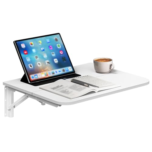 HOOBRO Folding Table, Wall Mounted Desk, Floating Wall Desk with Iron Bracket, Drop Leaf Table for Small Spaces, for Kitchen, Laundry Room, Home, Office, White WT054BZ01 - color: White
