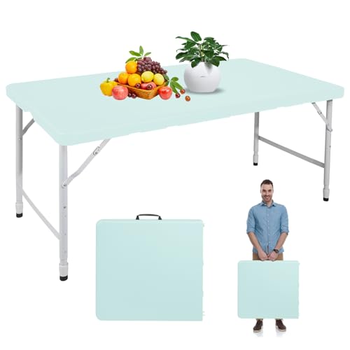 Portable 4Ft Folding Table, Heavy Duty Plastic Fold-in-Half Utility Foldable Table, Adjustable Height Plastic Folding Table with Carrying Handle for Camping &Party Indoor/Outdoor (Light Blue) - color: Light Blue, size: 4Ft