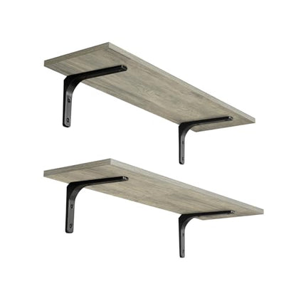 Long Wall Shelves, 23.6Inch Wooden Wall Mounted Shelves, Set of 2 | Floating Book Shelf, Metal Brackets, Easy Assembly, Max Load 22lbs, Wall Storage Ledges, Bedroom/Bathroom/Kitchen, Gray Wash - color: Gray Wash, size: 23.6 Inch