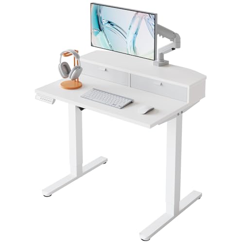 HUANUO 32" X 21" Electric Standing Desk with 2 Drawers, C-Clamp Mount Compatible, Height Adjustable Computer Desk, Home Office Stand Up Desk with 4 Preset Heights & 2 Hooks, White - color: White, size: 32" X 21"