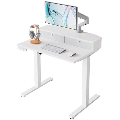 HUANUO 32" X 21" Electric Standing Desk with 2 Drawers, C-Clamp Mount Compatible, Height Adjustable Computer Desk, Home Office Stand Up Desk with 4 Preset Heights & 2 Hooks, White - color: White, size: 32" X 21"