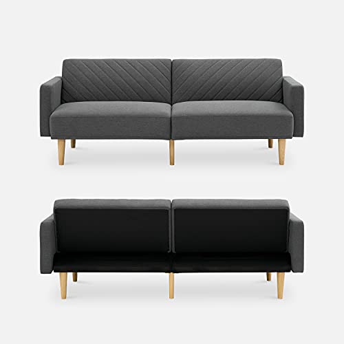 mopio 76.4" Futon Sofa Bed Chevron Styled, Sleeper Couch(Dark Gray Fabric) | Click-clack back drops for instant guest lodging; slim profile and retro legs suit apartments beautifully. - color: Dark Gray Fabric