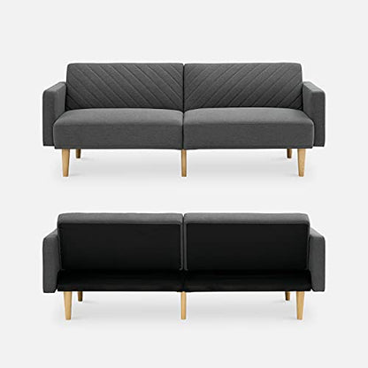 mopio 76.4" Futon Sofa Bed Chevron Styled, Sleeper Couch(Dark Gray Fabric) | Click-clack back drops for instant guest lodging; slim profile and retro legs suit apartments beautifully. - color: Dark Gray Fabric