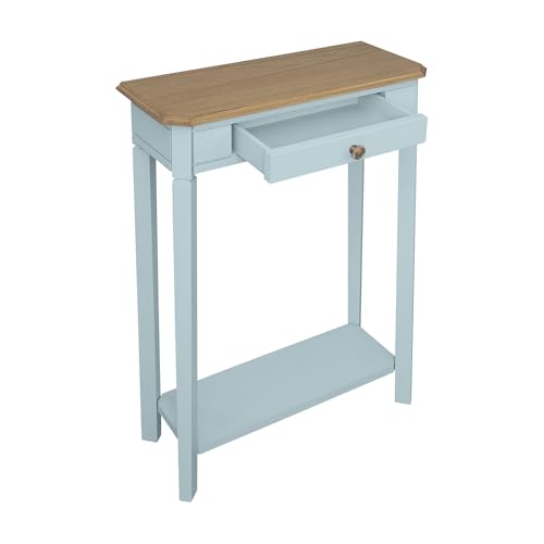 Marnie Blue Narrow Console Table for Entryway with Drawer | 23.75-inch slim hallway table with lower shelf, powder blue and natural wood finish, coastal furniture for small spaces - color: Powder Blue