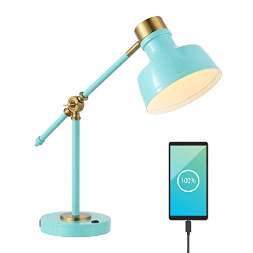JONATHAN Y Allegra Metal Task Desk Lamp USB Port 18.5", Cyan/Brass Gold | Adjustable Cantilever, Vintage Farmhouse Style, Home Office Reading Light, LED Bulb Included - color: Cyan/Brass Gold