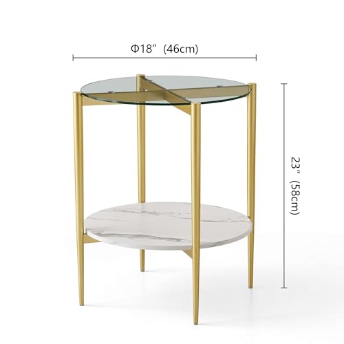 LumFurn D18in Round Glass End Table, Mid-Century Modern Side Table for Living Room, D18xH23inch, Clear Glass and White Marble MDF Wood, Gold Finish Frame - color: D18" Clear & White Marble