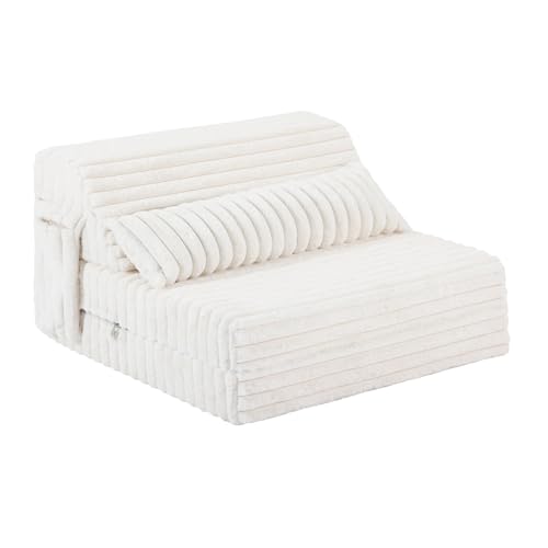 Folding Sofa Bed Twin Size, Convertible Sleeper Chair Mattress with Pillow, Thick Corduroy Floor Mattress Couch Bed with Side Pocket, Guest Room, Dorm, Apartment, Beige - color: Corduroy Beige, size: Twin Size