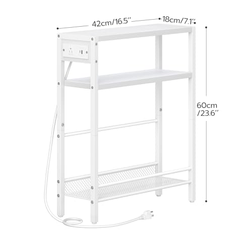 HOOBRO Small Narrow Side Table with Charging Station, Skinny End Table for Small Spaces, Slim Nightstand with USB Ports Outlet, Sofa Beside Table with Storage Shelf, White WT102UBZ01 - color: White