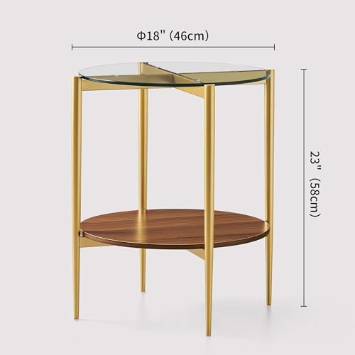 LumFurn D18in Round Glass End Table, Mid-Century Modern Design Side Table for Living Room, D18xH23inch, Clear Glass and Walnut MDF Wood, Conical Legs with Gold Finish Frame - color: D18" Clear & Walnut