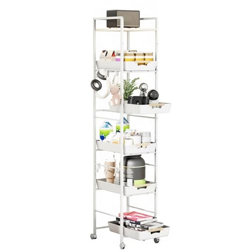 6-Tier Slim Rolling Storage Cart with Wheels, Metal Organizer Tall Rolling Cart, Wood Top Narrow Mobile Utility Cart with Pull-Out Baskets for Kitchen, Bathroom, Laundry Room, 13in(W) White - color: White, size: 6 Tier(13 inches)