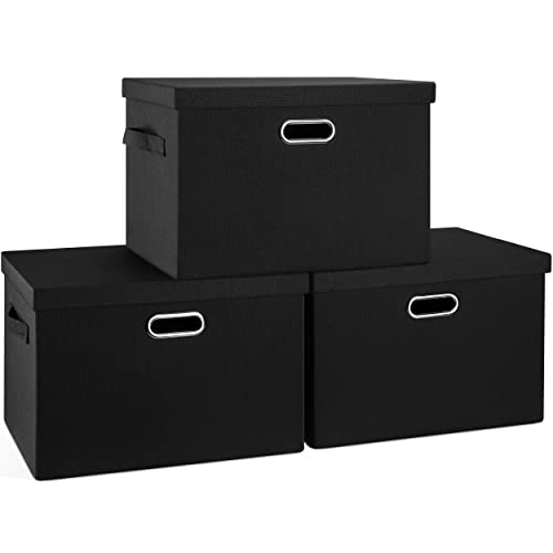 Graciadeco Large 17" 36 Quart Collapsible Stackable Storage Bins with Lids, 3 Packs Black Linen Fabric Closet Boxes with Lids, Storage Cube Baskets Container Organizers for Bedroom Office(17 x12 x11) | 36 Quart 3 Pack Black Collapsible Stackable Linen Fab