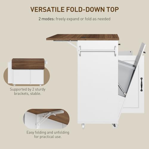 Kitchen Island with Power Outlet & Drop Leaf, Mobile Rolling Cart with Trash Can Storage, 3-Tier Spice Rack, Island Table for Kitchen, Dining Room, White and Walnut - color: White + Walnut