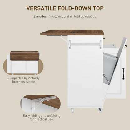 Kitchen Island with Power Outlet & Drop Leaf, Mobile Rolling Cart with Trash Can Storage, 3-Tier Spice Rack, Island Table for Kitchen, Dining Room, White and Walnut - color: White + Walnut