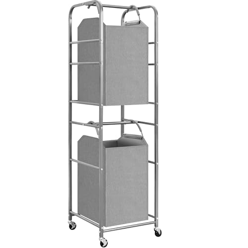 STORAGE MANIAC 2 Tier Vertical Laundry Hamper, 2 Section Laundry Sorter with 2 Removable Tote Bags, Rolling Clothes Basket for Towels, Blankets, Tall Dirty Clothes Hamper for Closet, 2 Bags Gray - size: 2 Section