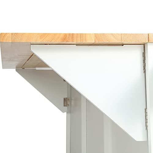 Kitchen Island, Rolling Kitchen Cart with Drop Leaf Top | Drop leaf countertop expands prep and serving space, folds down to save room in compact kitchens or dining areas - color: White + Mdf + Rubber Wood