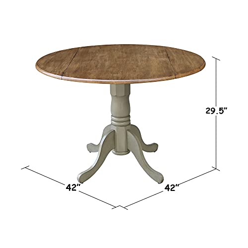 IC International Concepts, 42" Round Dual Drop Leaf Pedestal Dining Table, Solid Real Wood, Sturdy Parawood, Distressed Hickory/Stone - color: Distressed Hickory/Stone