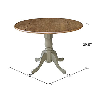 IC International Concepts, 42" Round Dual Drop Leaf Pedestal Dining Table, Solid Real Wood, Sturdy Parawood, Distressed Hickory/Stone - color: Distressed Hickory/Stone