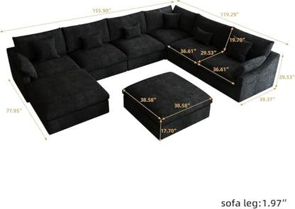 Cloud Couch Modular Sectional Sofa,160" U Shaped Couch, Convertible Wide Seater with Ottoman, 8 Seater for Living Room Set,Covers Washable&Replaceable,Black - color: Black, size: 8 Seater