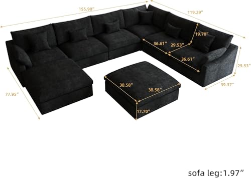 Cloud Couch Modular Sectional Sofa,160" U Shaped Couch, Convertible Wide Seater with Ottoman, 8 Seater for Living Room Set,Covers Washable&Replaceable,Black - color: Black, size: 8 Seater