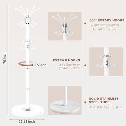 Coat Rack Stand 360°Rotary Coat Rack Freestanding with 16 Hooks | Modern Metal Coat Rack with Natural Marble Base,Coat Hanger Stand, White Coat Hall Clothes Tree for Hallway,Entryway,Office - color: White-16Hooks