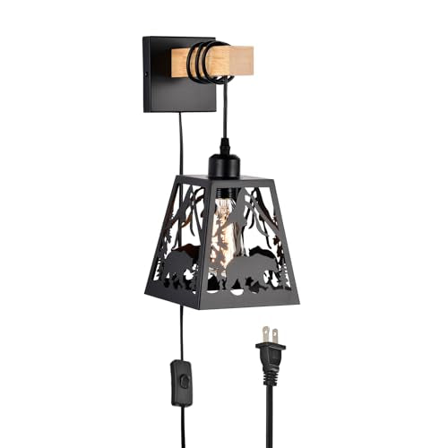 Plug in Wall Lamp,Bear Matte Black Metal 1 Pack Farmhouse Rustic Wall Sconces with Wood Arm,E26 Base Industrial Light for Bedroom,Bedside,Living Room,Indoor,Hallway,Bathroom,Porch,Stairway - color: Bear-Black